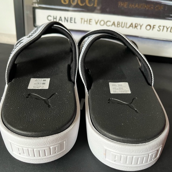 PUMA Logo Criss-Cross Black White  Tape Platform Slide Sandals New - Picture 10 of 14